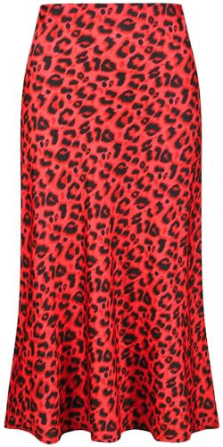 Keasmto Leopard Skirt for Women Midi Length High Waist Silk Satin Elasticized Cheetah A Line Summer Casual Ladies Skirts Red XL | Amazon (US)