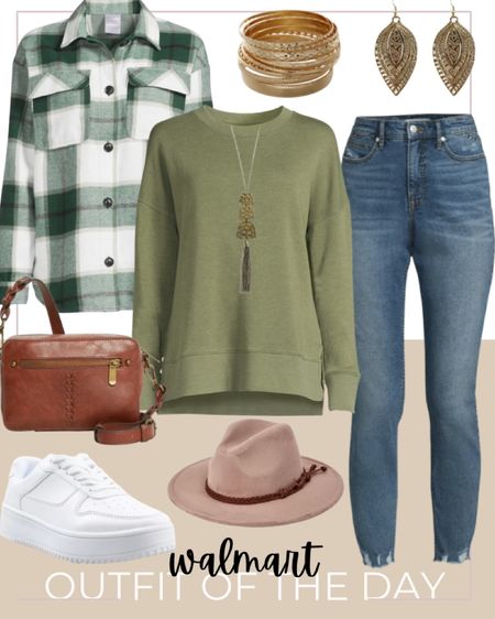 Walmart is a one-stop-shop for all your fall fashion needs. This cute outfit includes plaid shacket, green sweatshirt, Sofia Jeans by Sofia Vergara Women's Adora High Rise Curvy Girlfriend Jeans, fedora hat, white sneakers, brown cross body bag, gold drop earrings, and gold bangles.

Walmart finds, Walmart fashion, Walmart fall fashion, affordable fashion, affordable fall finds, fall fit, fall outfit, outfit of the day, pumpkin patch fit

#LTKunder100 #LTKfit #LTKstyletip