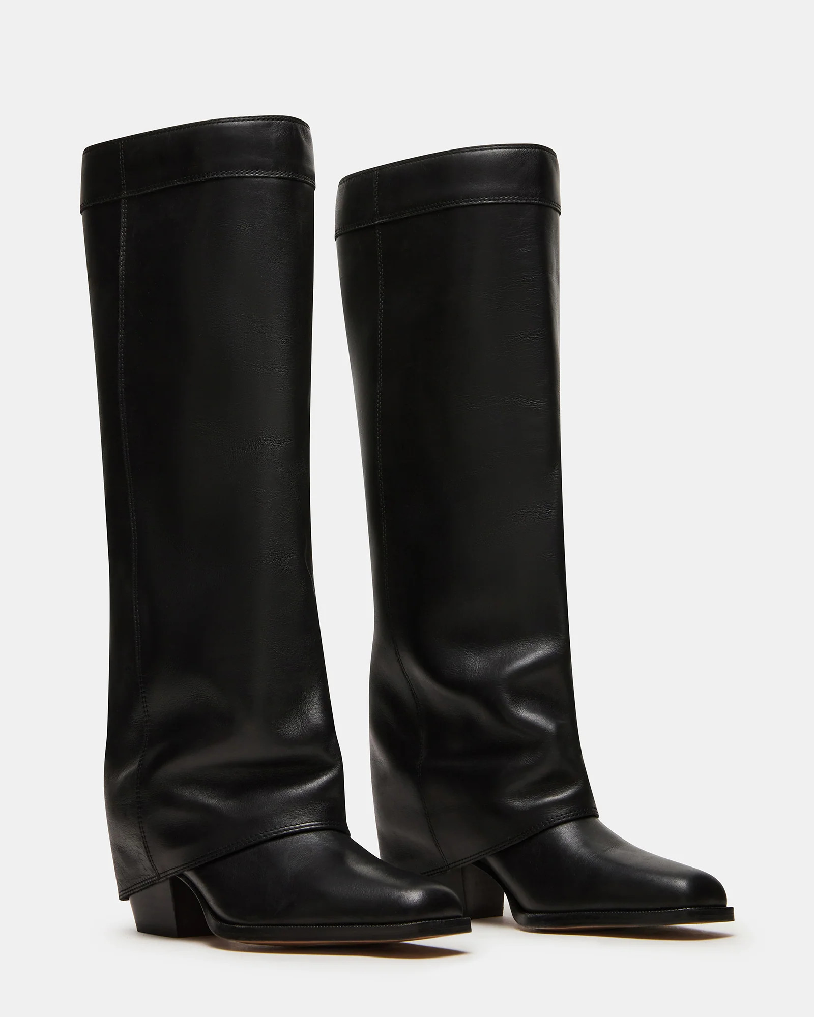 WINNICK Black Leather Knee-High Cuffed Fold-Over Block Heel Women's Boot | Steve Madden (US)