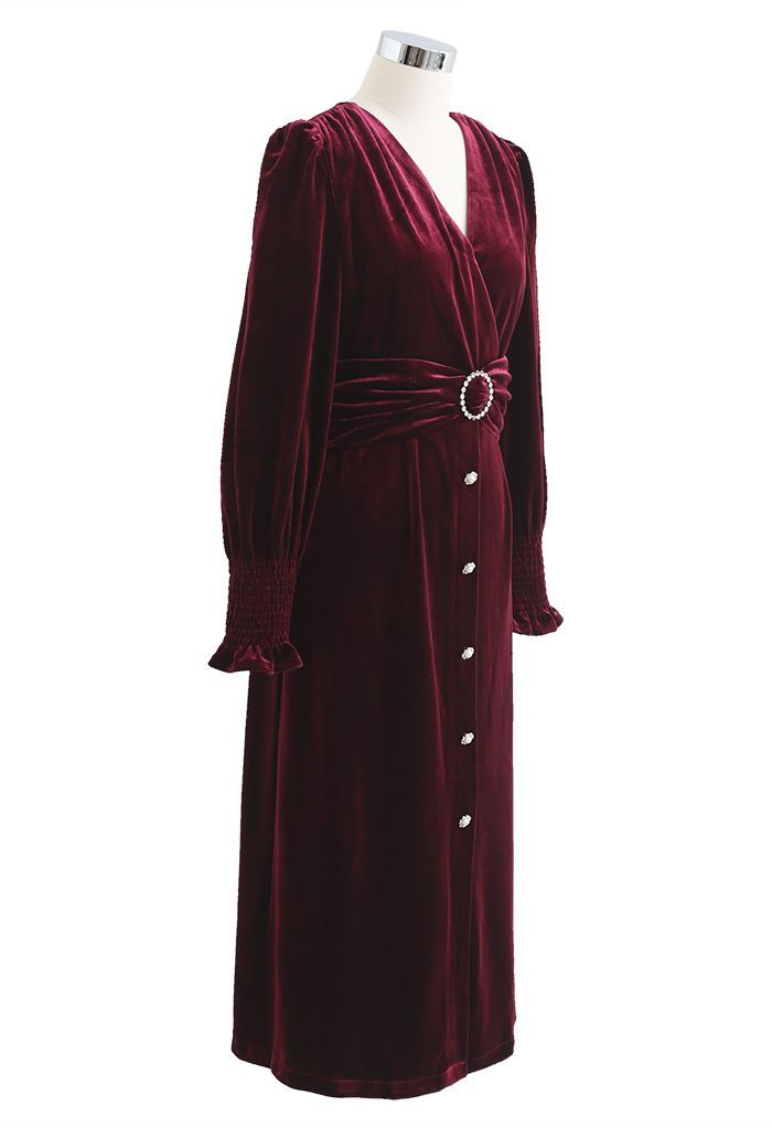 Crystal Trim Velvet Wrap Midi Dress in Burgundy | Chicwish