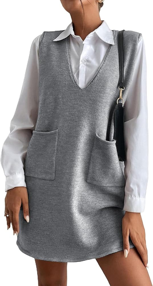 Women's Sleeveless Sweater Dress V Neck Knit Vest Dress with Pockets | Amazon (US)