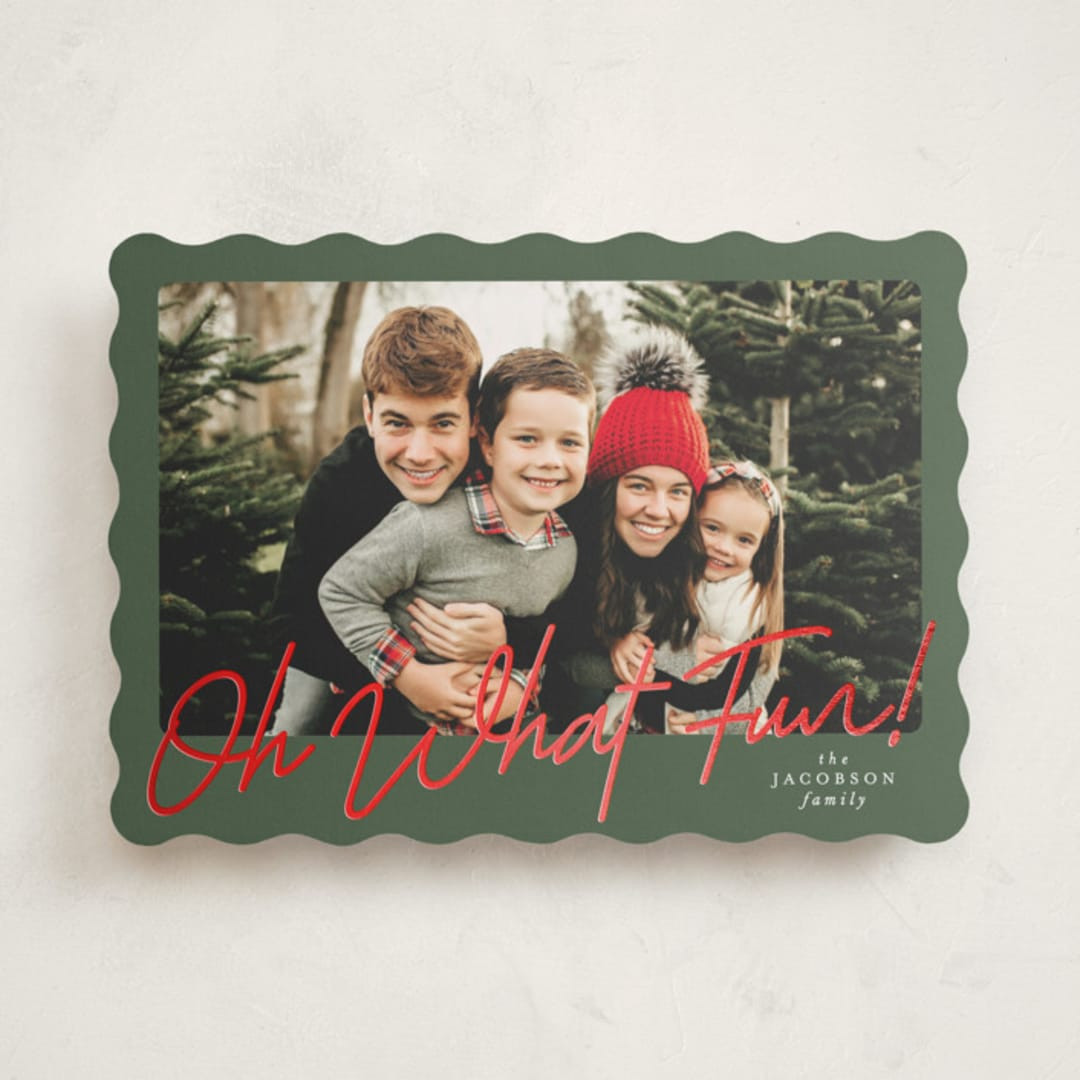 "Oh what fun script" - Customizable Foil-pressed Holiday Cards in Green by Karidy Walker. | Minted