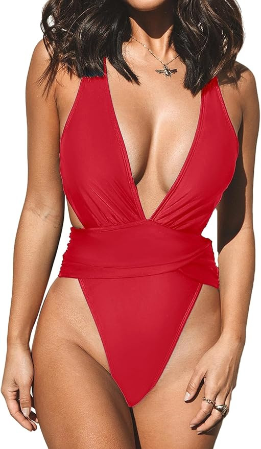 CUPSHE One Piece Swimsuit for Women Bathing Suit Cut Out Cross Back Tie Deep V Neck Ruched High C... | Amazon (US)