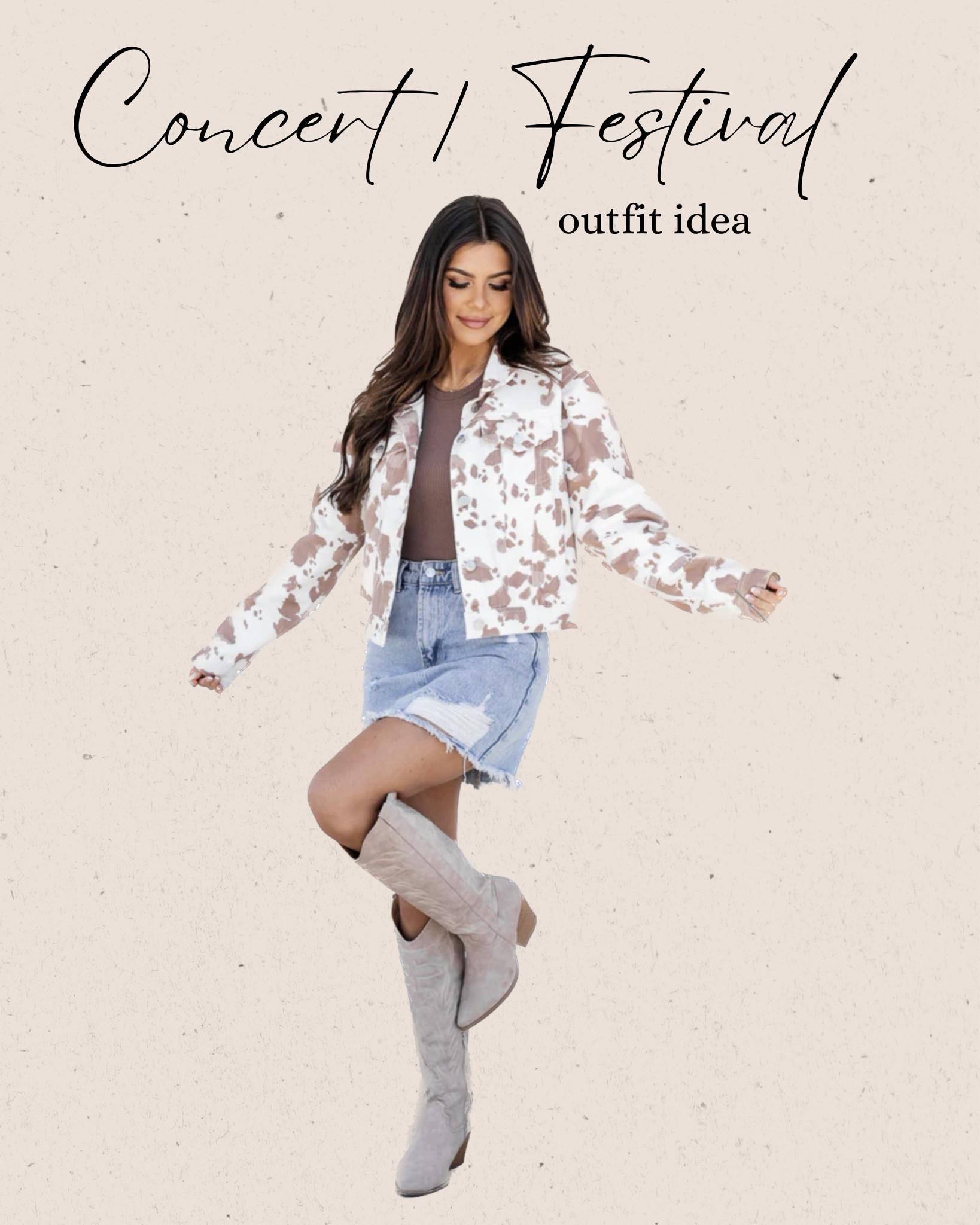 Fun outfit idea for a country concert or music festival. Cow print jacket, denim skirt, cowboy boots. 

#LTKunder100 #LTKFind #LTKFestival