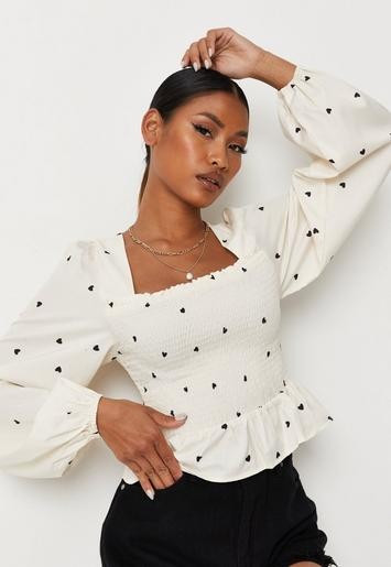 Cream Heart Print Peplum Hem Shirred Body Top | Missguided (US & CA)