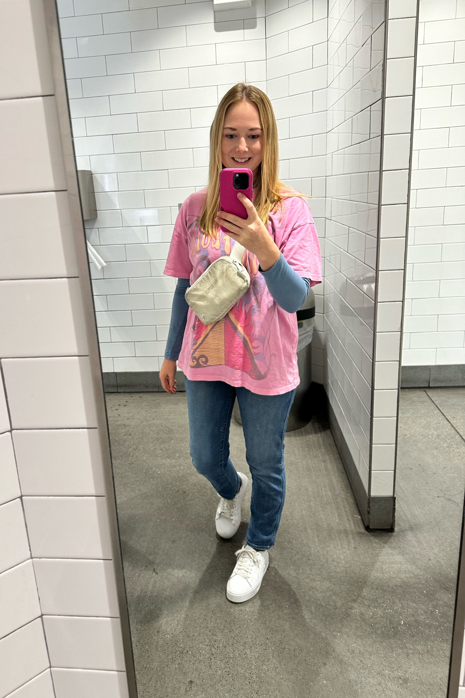 Oversized band graphic tee. Stovepipe Jeans. White platform sneakers. Belt bag. My go to casual outfit. Mom outfit. Errands outfit. 

#LTKFindsUnder100 #LTKFindsUnder50 #LTKSaleAlert