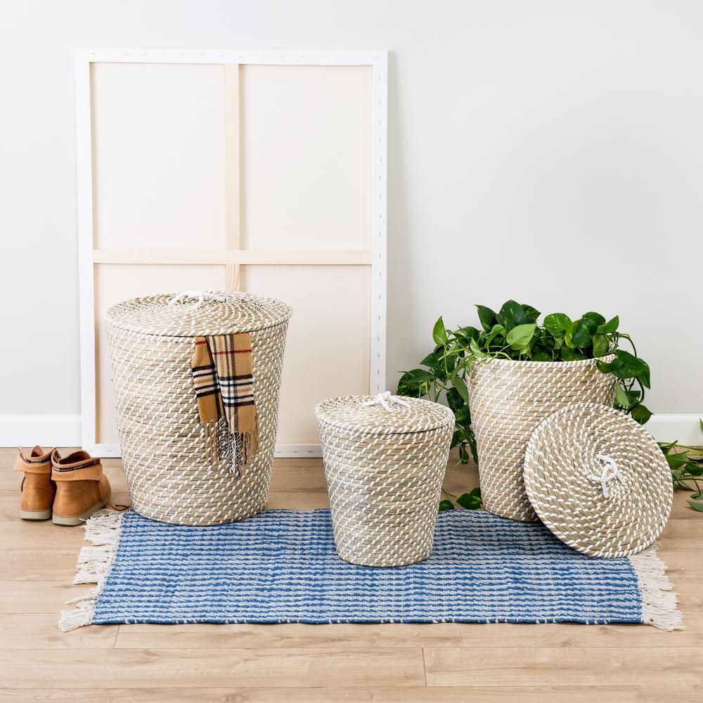 Natural and White Seagrass Accent Tall Basket Set with Lids (Set of 3) | The Home Depot
