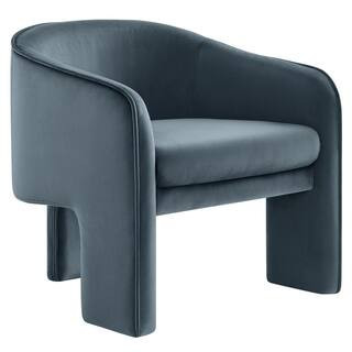 Greer Comfy Barrel Accent Chair with 3 Legs in Cadet Blue Performance Velvet | The Home Depot
