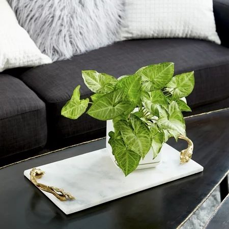 Decmode - Large Rectangular Natural White Marble Serving Tray with Decorative Gold Leaf Metal Handle | Walmart (US)