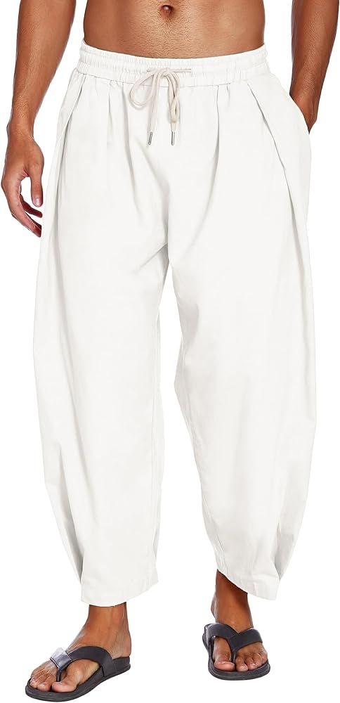COOFANDY Men's Cotton Linen Harem Pants Drawstring Casual Cropped Trousers Lightweight Loose Beac... | Amazon (US)