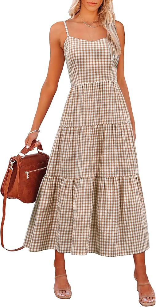 ANRABESS Womens Summer Midi Dresses Casual Striped Plaid Sleeveless Flowy Maxi Dress 2026 Beach V... | Amazon (US)