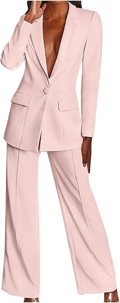 Womens Business Casual Suit Set 2 Piece Outfits Ladies Elegant Long Sleeve Blazer and Wide Leg Wo... | Amazon (US)