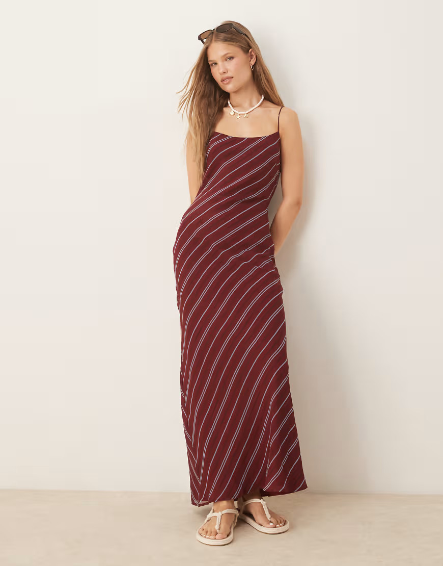 ASOS DESIGN skinny strap cowl back slip midi dress in stripe-Multi | ASOS (Global)