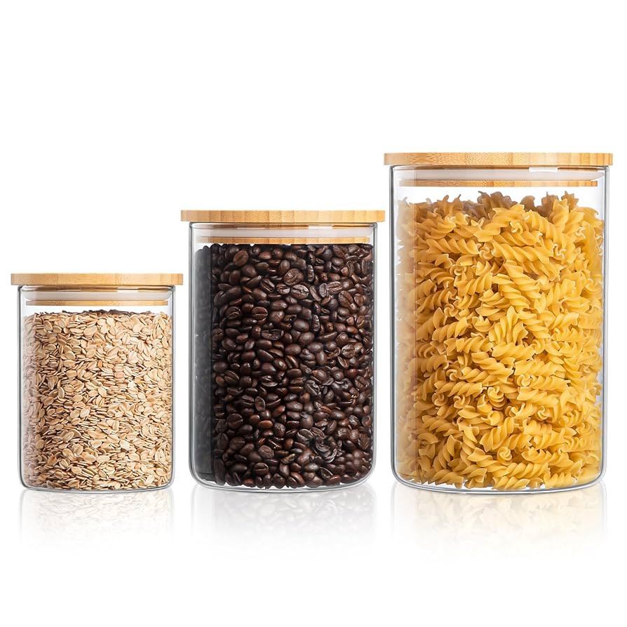 Glass Storage Containers with Wooden Lids, Airtight Jar for Kitchen Countertop Set of 3, Pantry F... | Amazon (US)