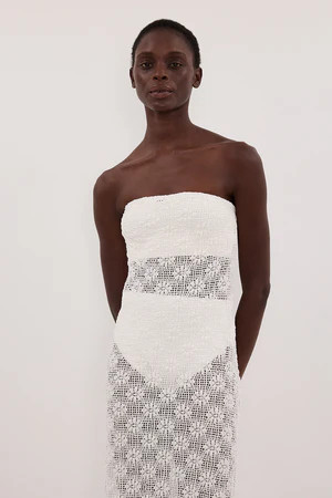 AGNES WHITE STRAPLESS CROCHET MAXI DRESS | DISSH