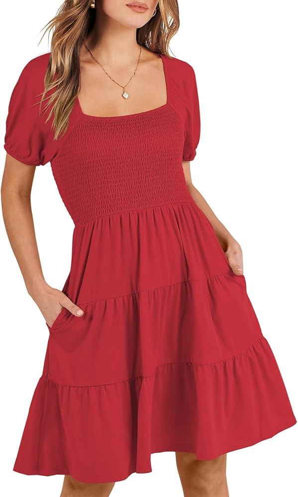 ANRABESS Women's Summer Mini Dresses 2024 Casual Square Neck Smocked Puff Sleeve Cute Short Dress | Amazon (US)