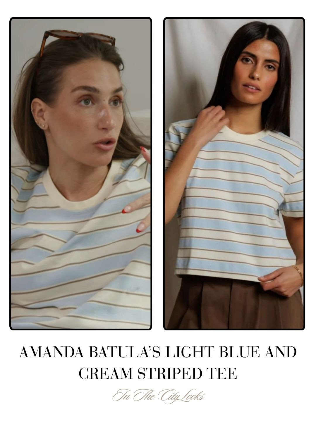 Amanda Batula's Light Blue and Cream Striped Tee on In The City (linked in lavender / her color is available on perfectwhitetee.com) 

 