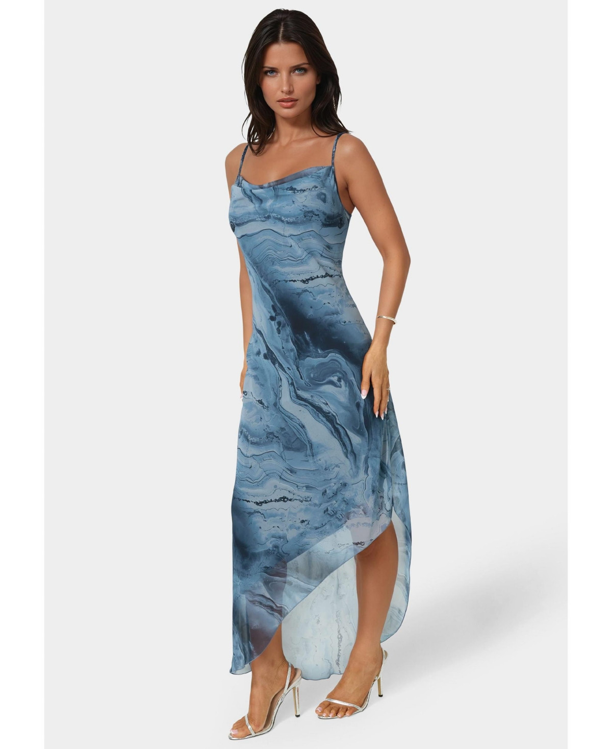 Bebe Women's Printed Chiffon Cowl Assy Maxi Dress - Navy multi | Macy's