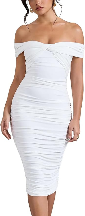 GOBLES Women's Sexy Off The Shoulder Twist Wrap Short Sleeve Ruched Bodycon Midi Party Dress | Amazon (US)