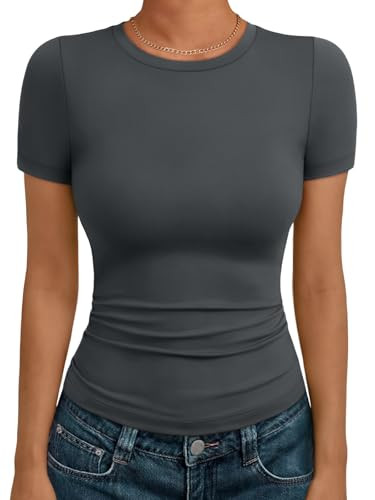 AUTOMET Women's Short Sleeve T-Shirt Basic Summer Workout Top Crew Neck Gym Crop Tee 2026 Gray L | Amazon (US)