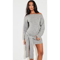 Petite Grey Knit Slouchy Mini Dress With Tie Wrap Around | PrettyLittleThing US