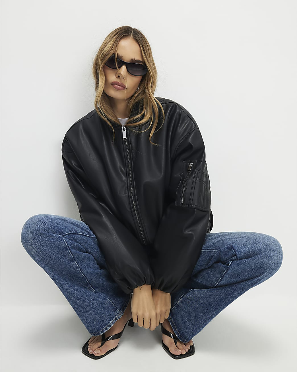 Black Faux Leather Bomber Jacket | River Island UK & IE