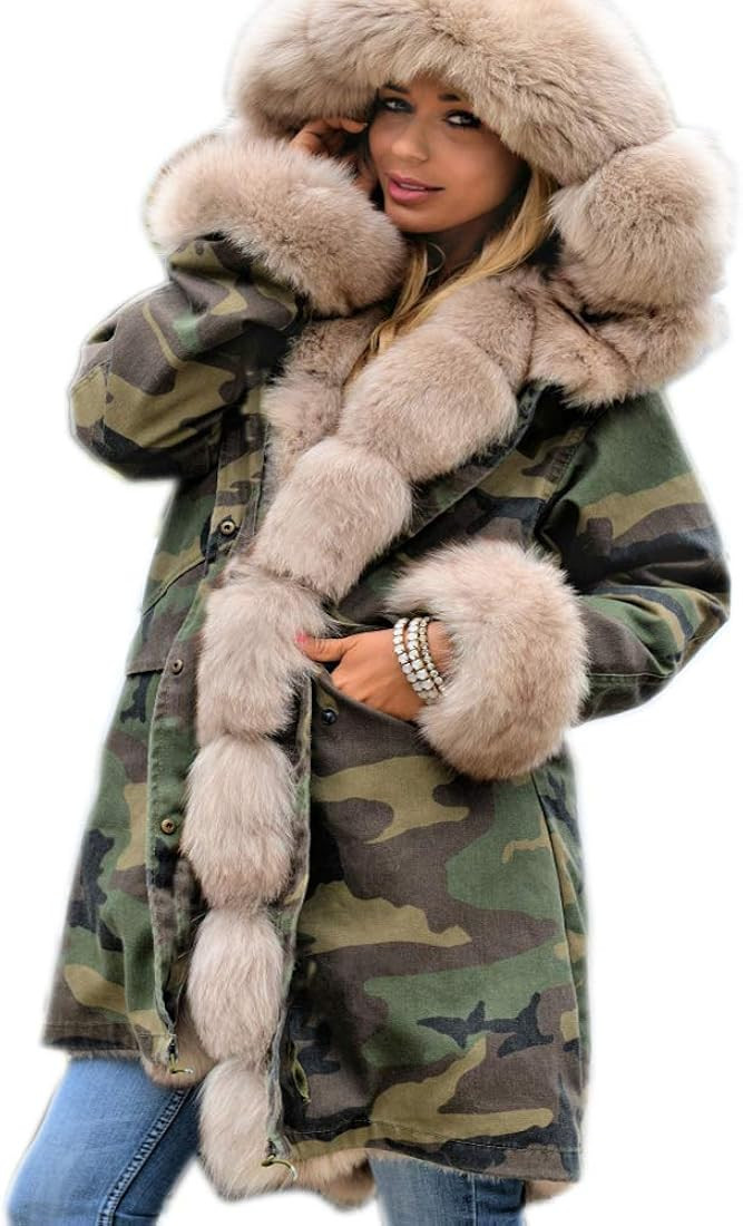 Roiii Women Thicken Warm Winter Coat Hood Down Parka Fleece Fur Outdoor Overcoat Long Jacket Outw... | Amazon (US)