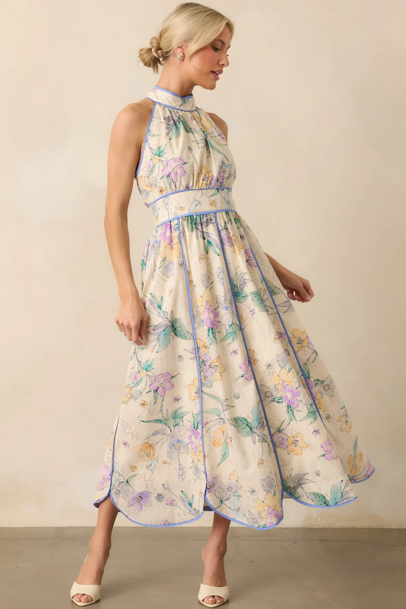 Color Outside The Lines Ivory Floral Print Cotton Halter Maxi Dress | Red Dress