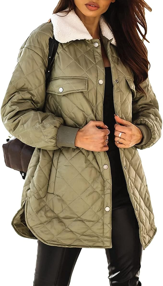 Veatzaer Womens Quilted Jackets Coat Teddy Collar Snap Closure Coat Warm Winter Quilt Outwears Li... | Amazon (US)