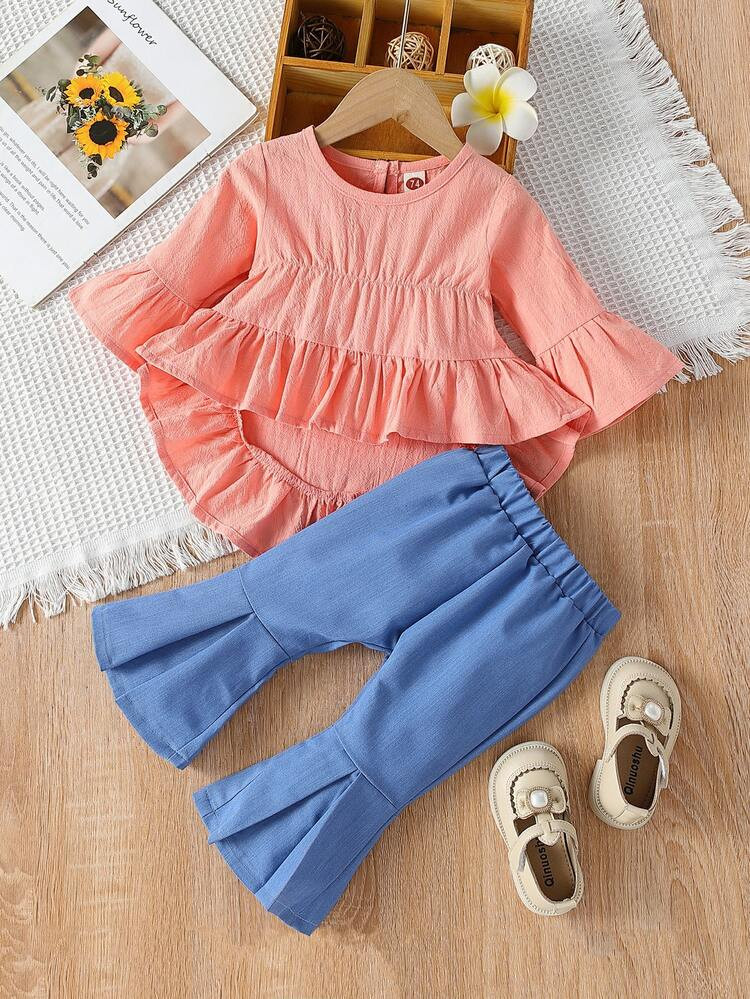 Baby Flounce Sleeve High Low Hem Top & Flare Leg Pants | SHEIN