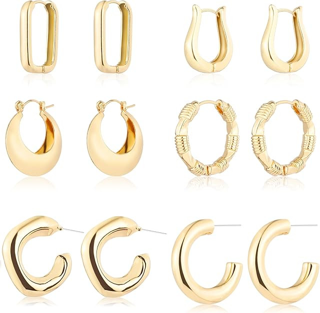 6 Pairs 14K Gold Plated Hoop Earrings for Women Lightweight Chunky Hoop Earrings Multipack Hypoal... | Amazon (US)