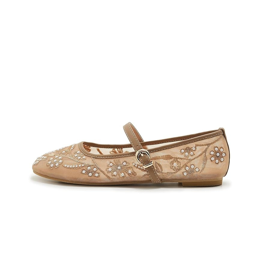 Women's Embroidered Mesh Mary Jane Flats Buckle Strap Square Toe Ballet Flat Chic Pearls Ballerin... | Amazon (US)