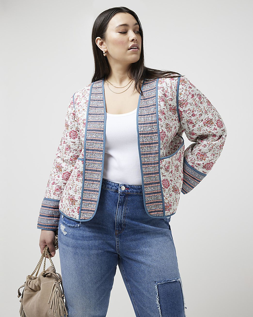 Plus pink quilted floral jacket | River Island (UK & IE)