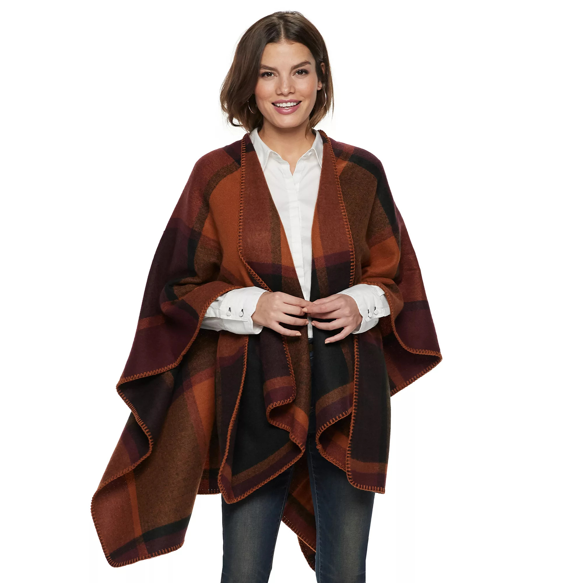 Women's Apt. 9® Whipstitch Trim Plaid Riding Ruana | Kohl's