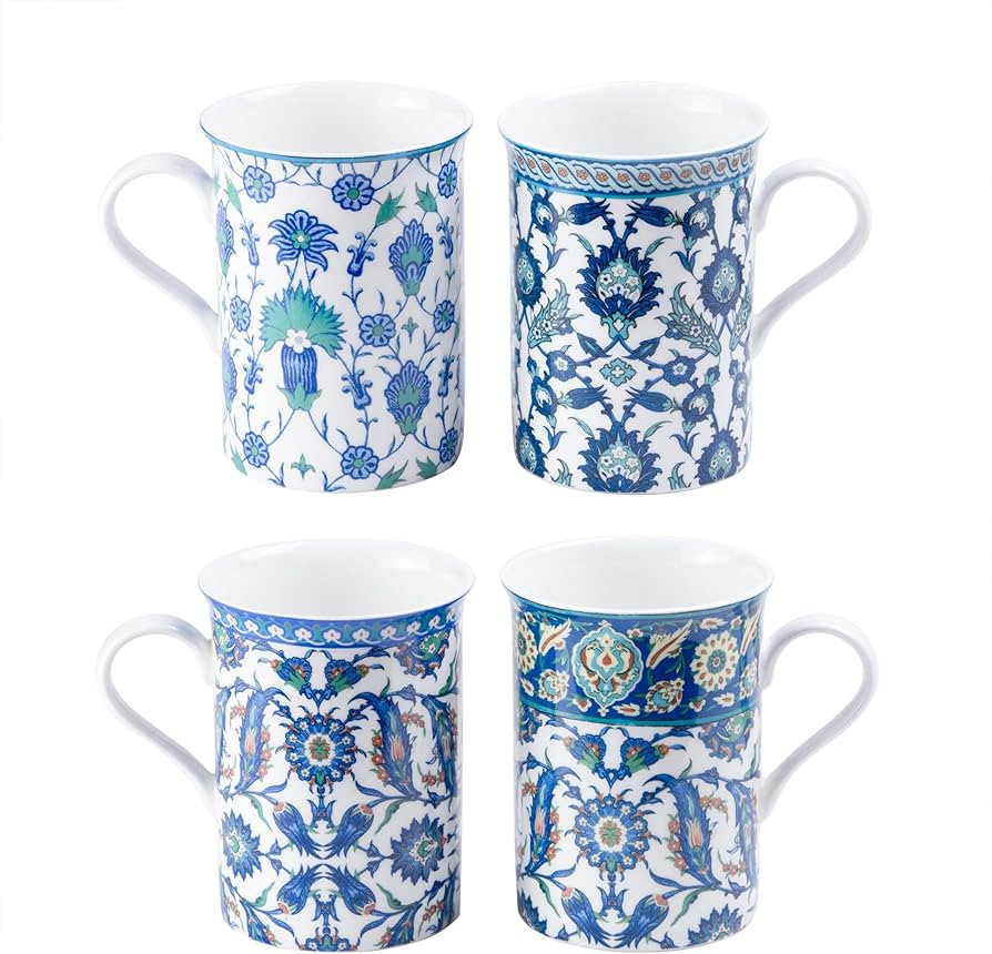 Grace Teaware Bone China Coffee Tea Mugs 9-Ounce, Set of 4 Assorted (Blue Mediterranean) | Amazon (US)
