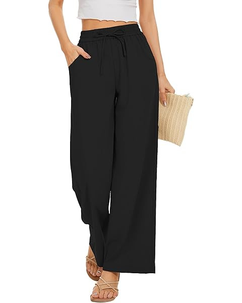 Duyang Womens Cotton Linen Palazzo Pants Drawstring Elastic Waist Casual Wide Leg Trousers with P... | Amazon (US)