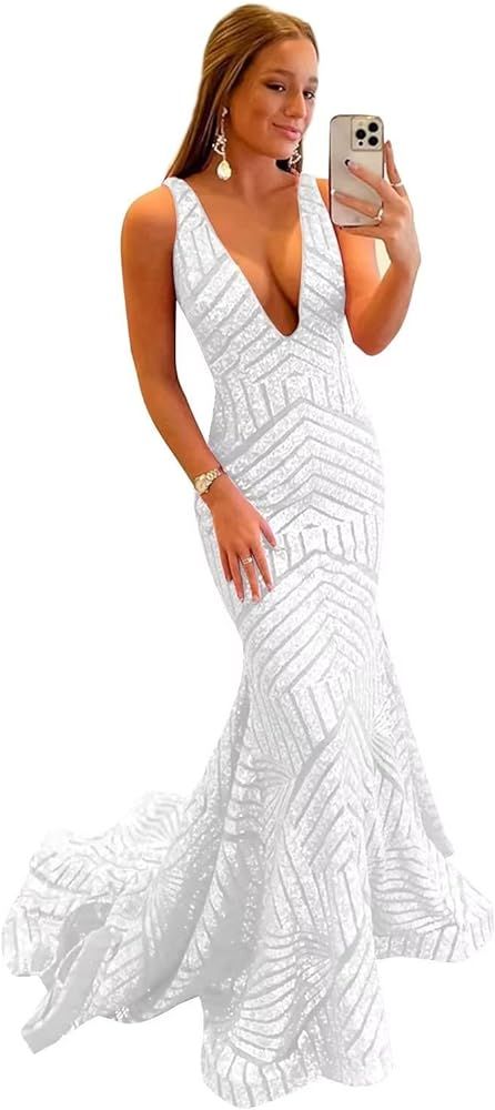 Sparkly Sequin Prom Dresses for Women Deep V Neck Mermaid Formal Evening Dress | Amazon (US)