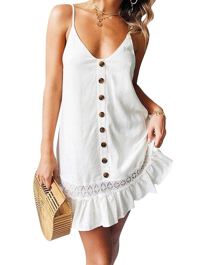 D Jill Women's Summer V Neck Spaghetti Strap Button Down Swing Casual Mini Dress Sleeveless | Amazon (US)