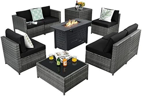 Tangkula 9 Pieces Patio Rattan Furniture Set, Patiojoy Sectional Sofa Set w/Storage Box, Coffee T... | Amazon (US)