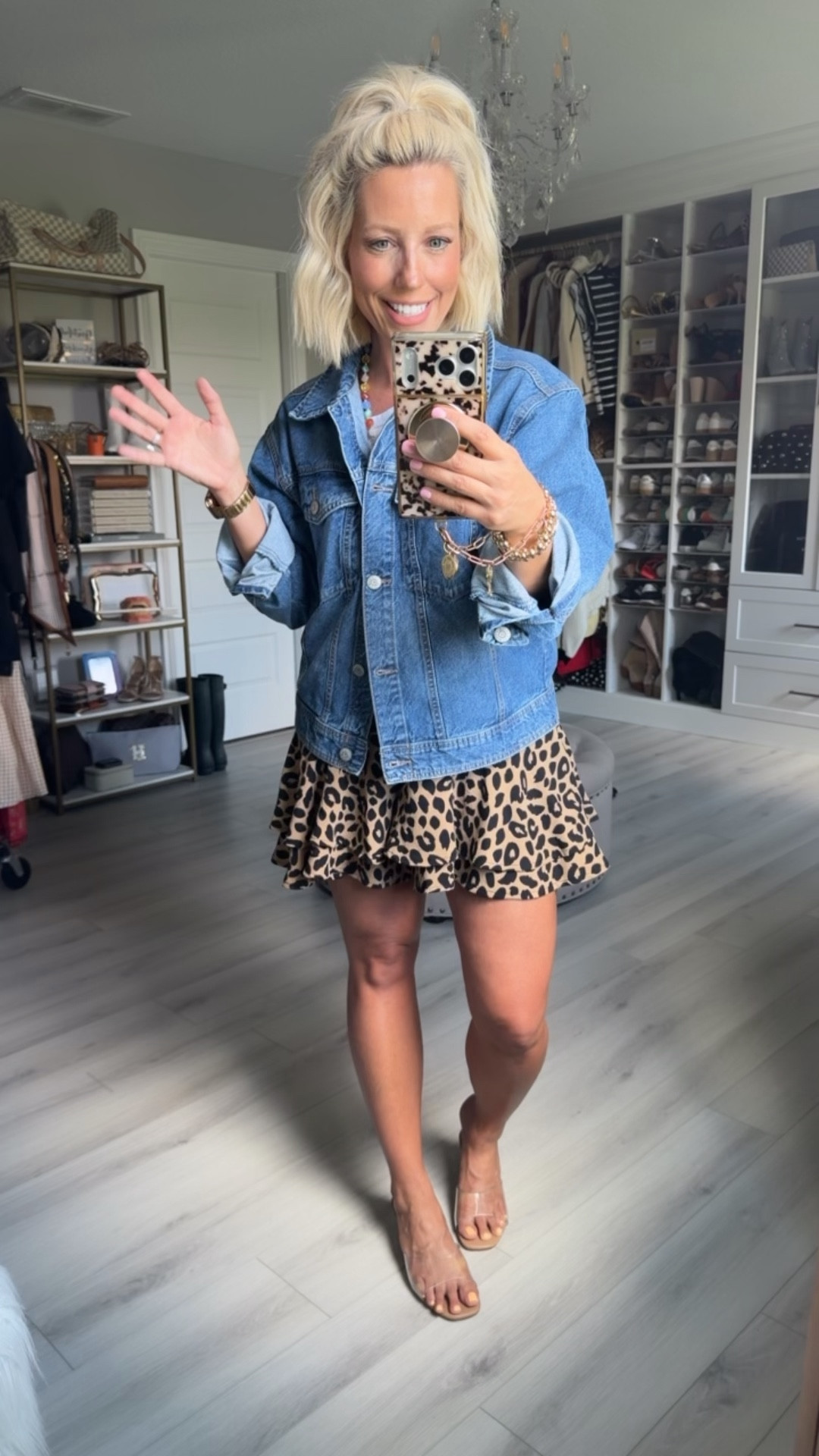 Grab this jacket now while it’s stocked and on clearance for under $13!!! 
⬇️⬇️⬇️
Jacket small (runs roomy)
Leopard shorts small
Tee medium 
Sandals TTS 


#LTKSeasonal #LTKSaleAlert #LTKootd