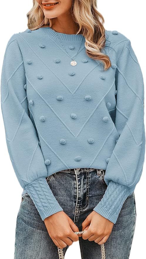 Miessial Women's Fall Crew Neck Pullover Sweater Cute Long Puff Sleeve Chunky Knit Sweater Pompom... | Amazon (US)