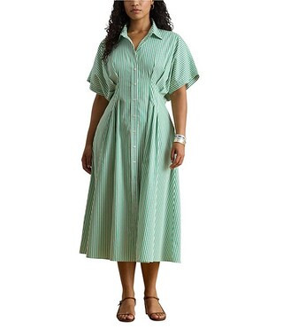 Lauren Ralph Lauren Plus Size Cotton Broadcloth Stripe Point Collar Short Sleeve Pleated Midi Shi... | Dillard's