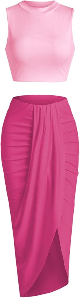 ZAFUL Women's Casual Sleeveless Summer Two Piece Outfits Crop Top and Side Split Draped Ruched Ma... | Amazon (US)