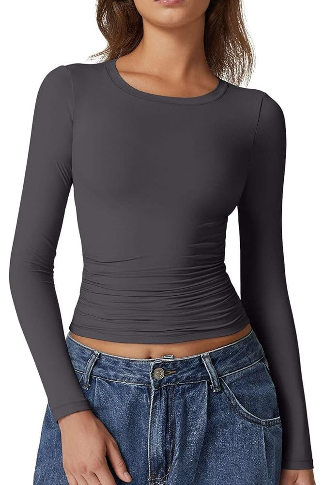 QINSEN Womens Crewneck Long Sleeve Shirt Double Lined Basic Tees Side Ruched Going Out Crop Tops | Amazon (US)