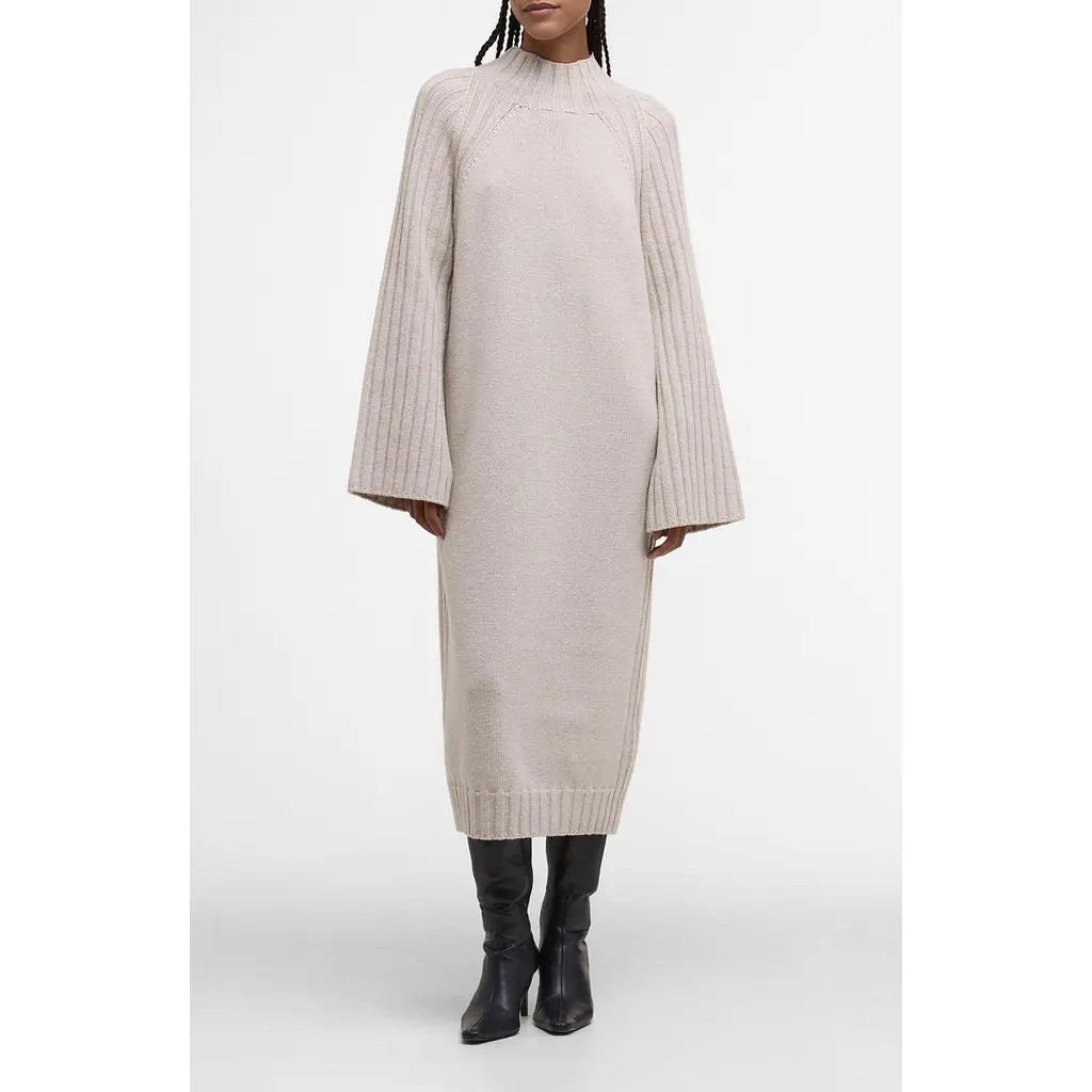 Barbour Vera Funnel Neck Long Sleeve Cotton Blend Midi Sweater Dress in Oat at Nordstrom, Size Me... | Nordstrom