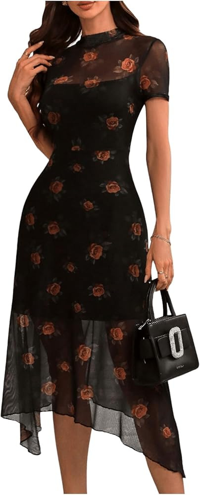 Floerns Women's Floral Mesh Short Sleeve Asymmetrical Hem Flared A Line Dress | Amazon (US)