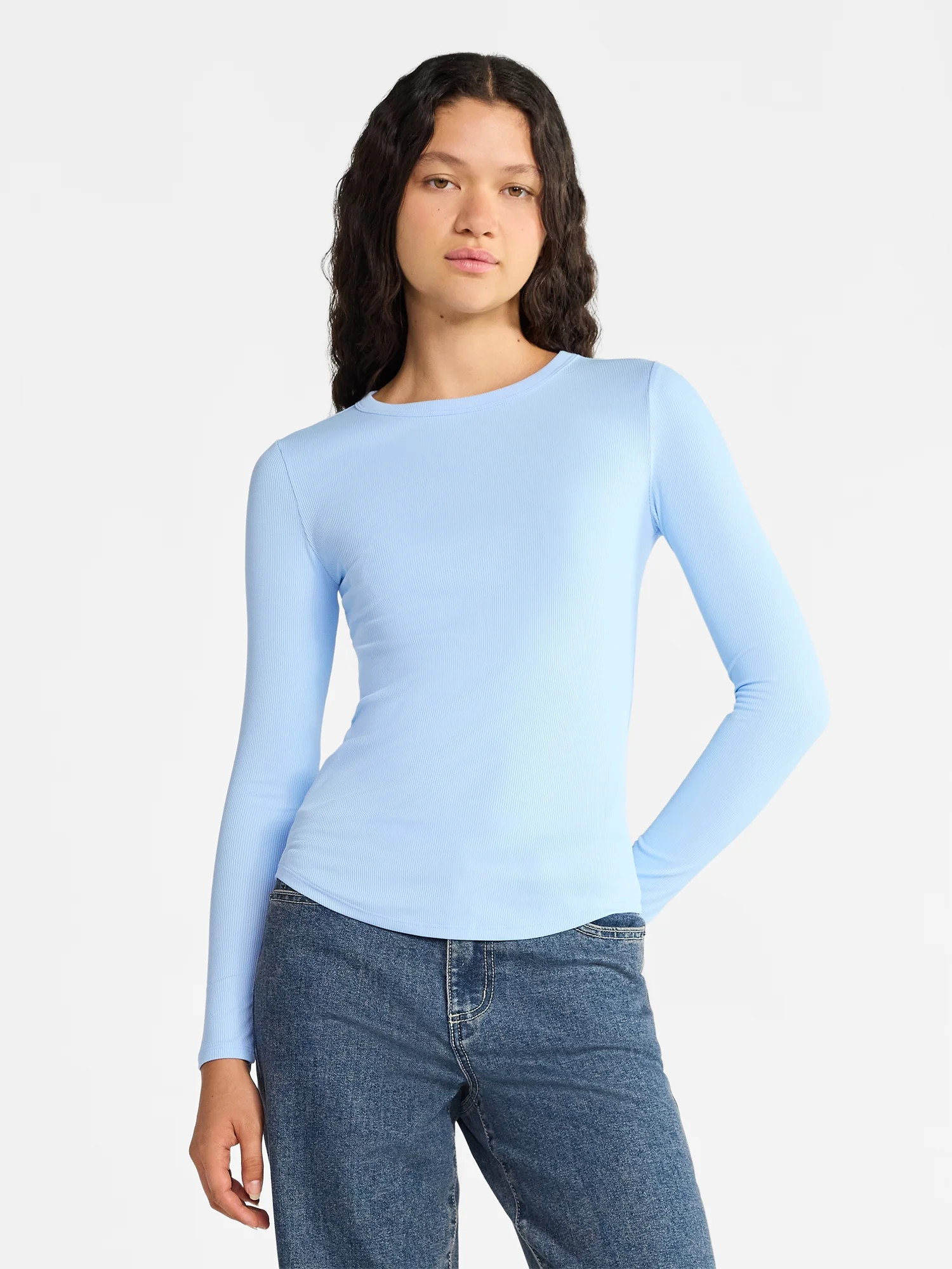 No Boundaries Ribbed Crewneck Tee with Long Sleeves, 1 or 2-Pack, Women's & Women's Plus | Walmart (US)