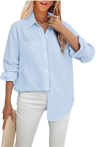 LEMAFER Women's Smocked Cuffed Stripe Boyfriend Button Down Shirts 2025 Collared Ruffle Sleeve Dressy Casual Top with Pockets | Amazon (US)