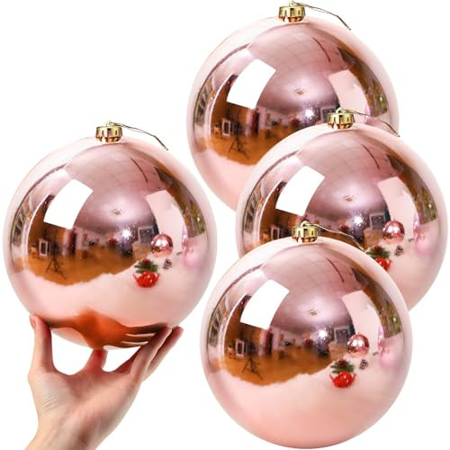 Zubebe 4 Pcs Extra Large Christmas Ball Ornaments 8'' (200 Mm) Giant Oversized Plastic Xmas Ball Big Hanging Christmas Tree Ornaments for Holiday Party Outdoor Decor(Shiny Rose Gold) | Amazon (US)