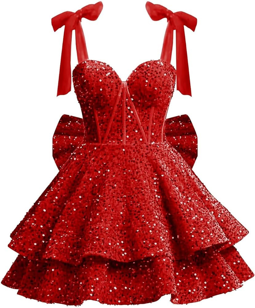 Sparkly Sequin Homecoming Dresses with Bow 2026 A Line Short Corset Formal Cocktail Gown | Amazon (US)